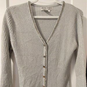 ADRIANNA PAPELL Evening Essentials Silver Metallic Beaded Trim Cardigan Size: M